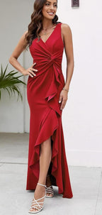 Women's V-Neck Ruffle Asymmetric Split Bodycon Maxi Dress