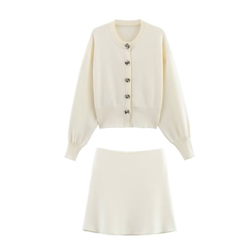 Women's Knit Floral Button-Front Skirt Suit Two-Piece Set