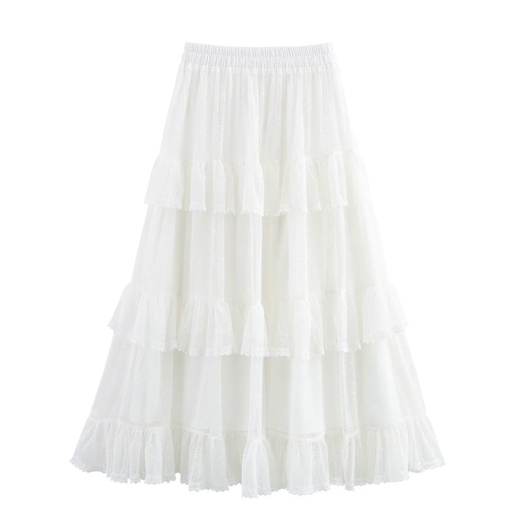 Women's Spring Multi Layer Lace Tiered Dress Skirt Long Skirt Elastic Waist