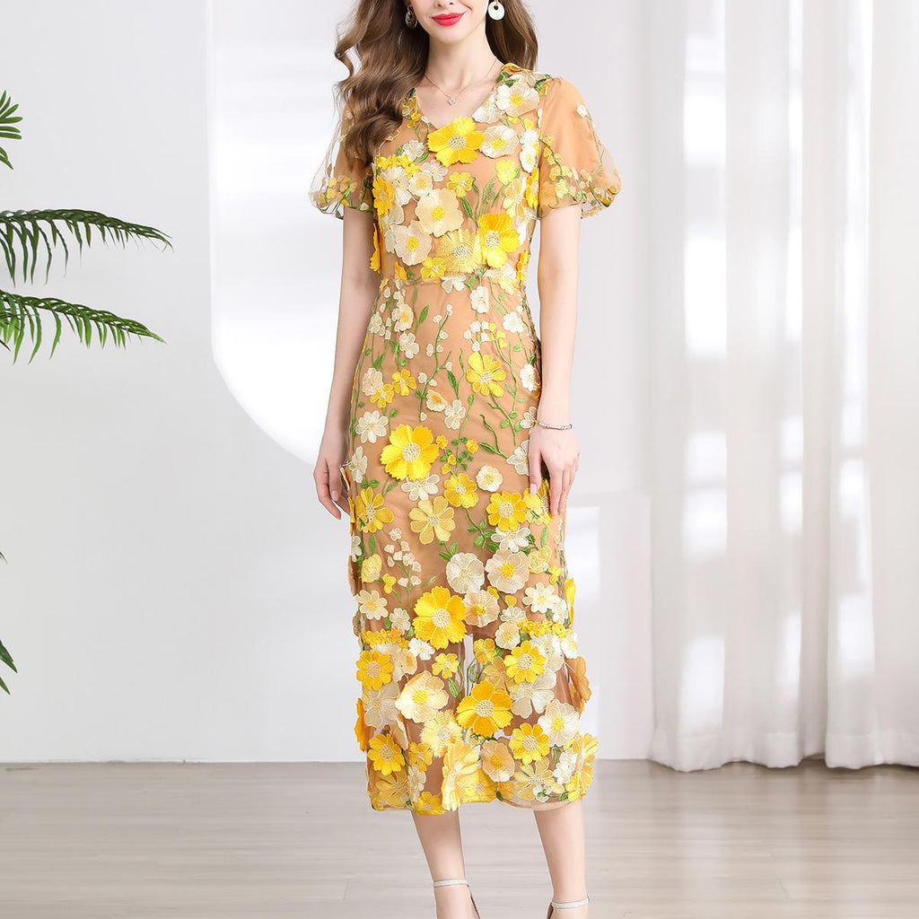 Women's 's Embroidered Puff-Sleeve V-Neck Dress
