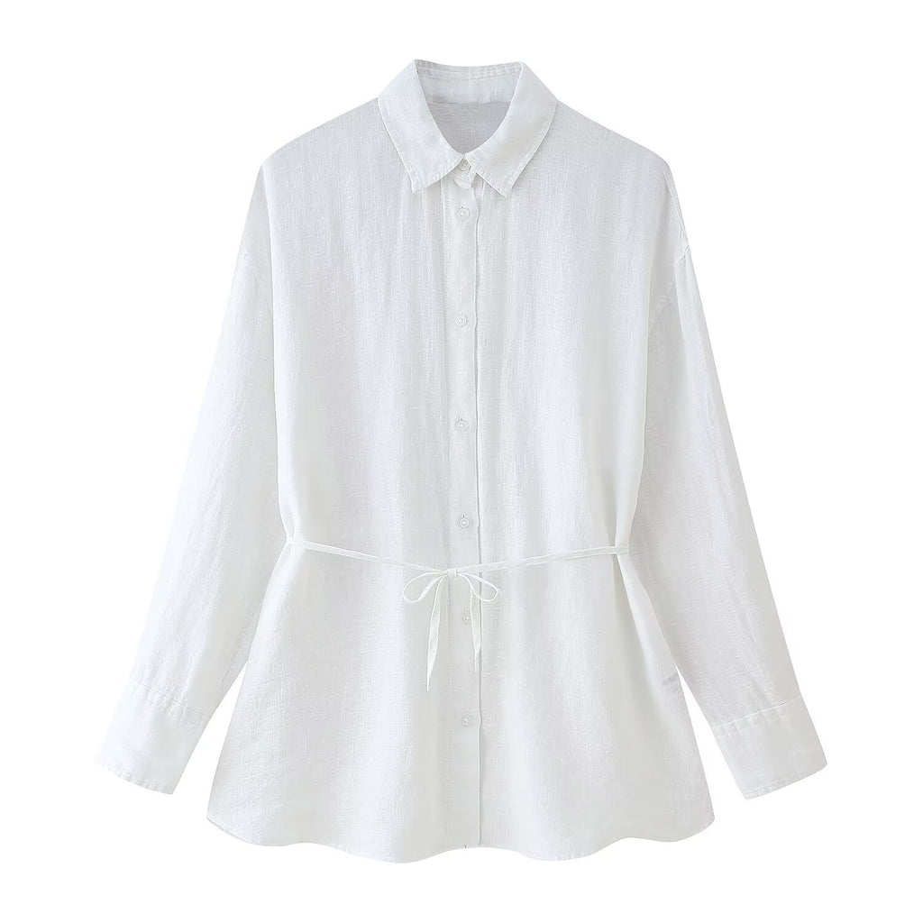Women's Collared Long Sleeve Linen Loose Shirt