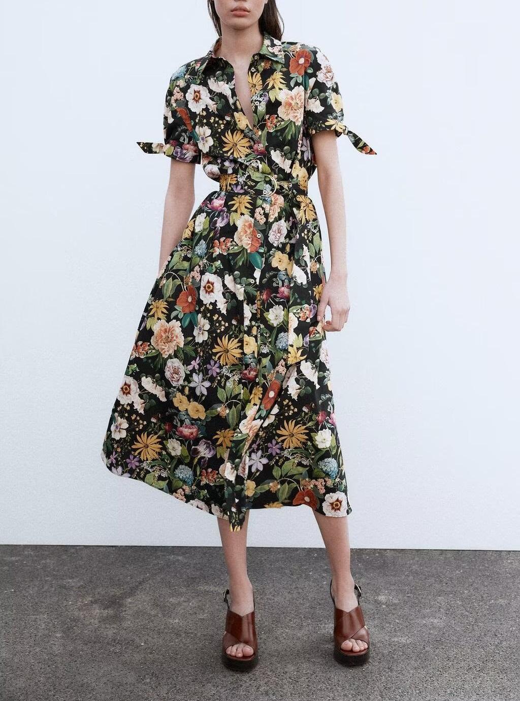 Women's Belted Floral Collared Maxi Dress