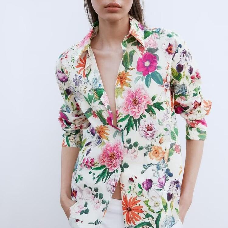 Women's Floral Print Loose Shirt Long Sleeves V Neck Single Breasted