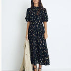 Printed Belted Puff-Sleeve Dress