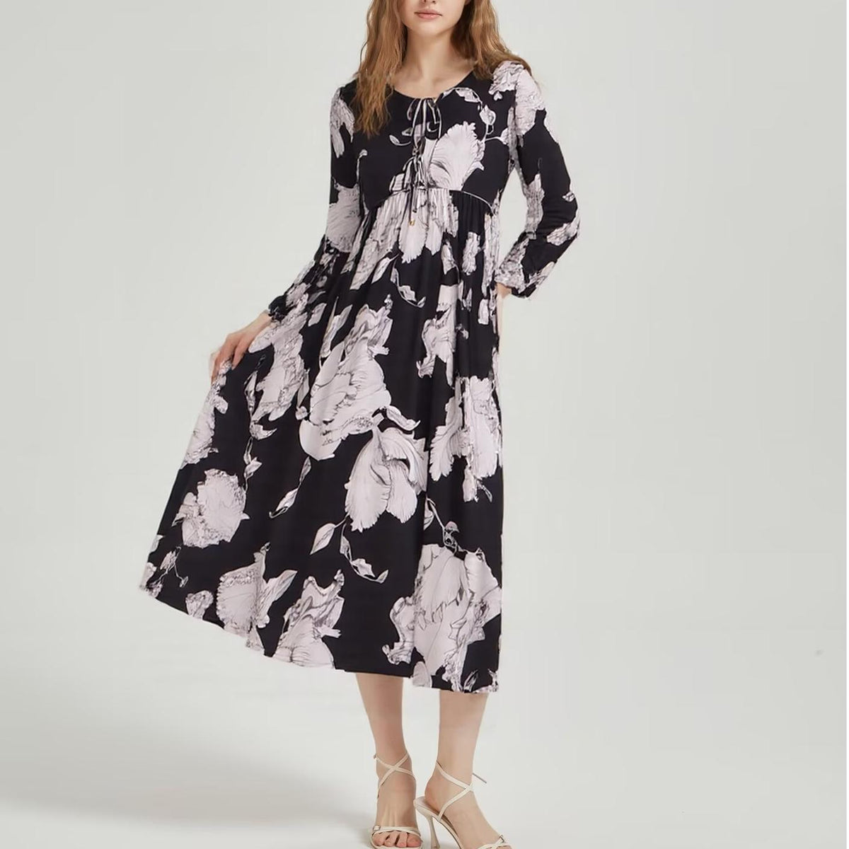 Women's Rayon Printed Tassel Bohemian Loose Long Sleeve Dress