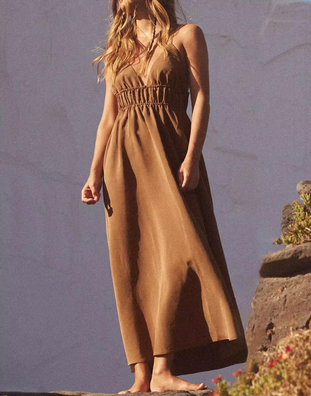 Vertical-Detail Backless Maxi Dress