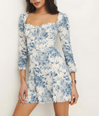 Women's Square-Neck Floral Backless Ruffle Long-Sleeve Mini Dress