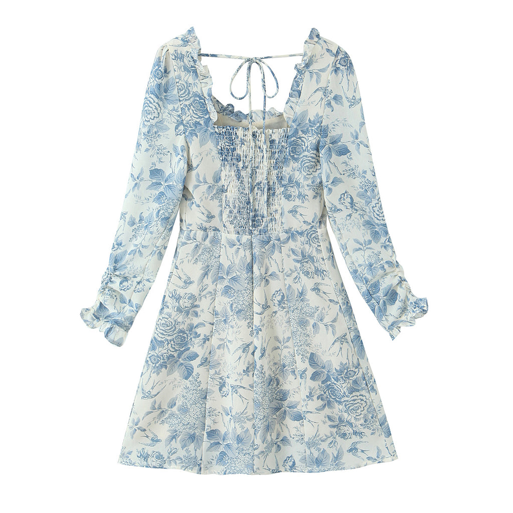 Women's Square-Neck Floral Backless Ruffle Long-Sleeve Mini Dress