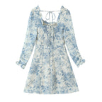 Women's Square-Neck Floral Backless Ruffle Long-Sleeve Mini Dress