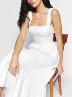 Spring Solid Color Square Collar Bow Embellished Lace Strap Dress