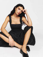 Spring Solid Color Square Collar Bow Embellished Lace Strap Dress