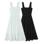 Spring Solid Color Square Collar Bow Embellished Lace Strap Dress