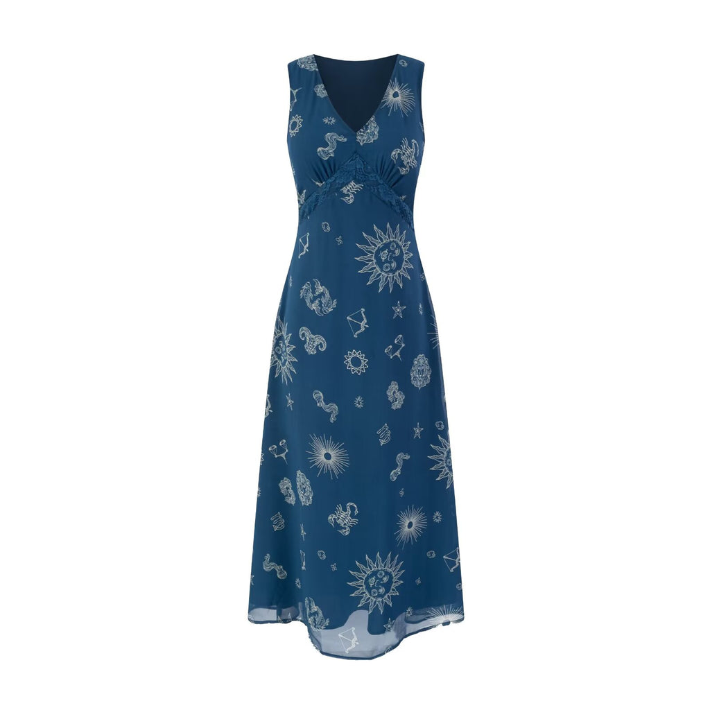 Women's Deep-V Lace-Up Printed Midi Dress