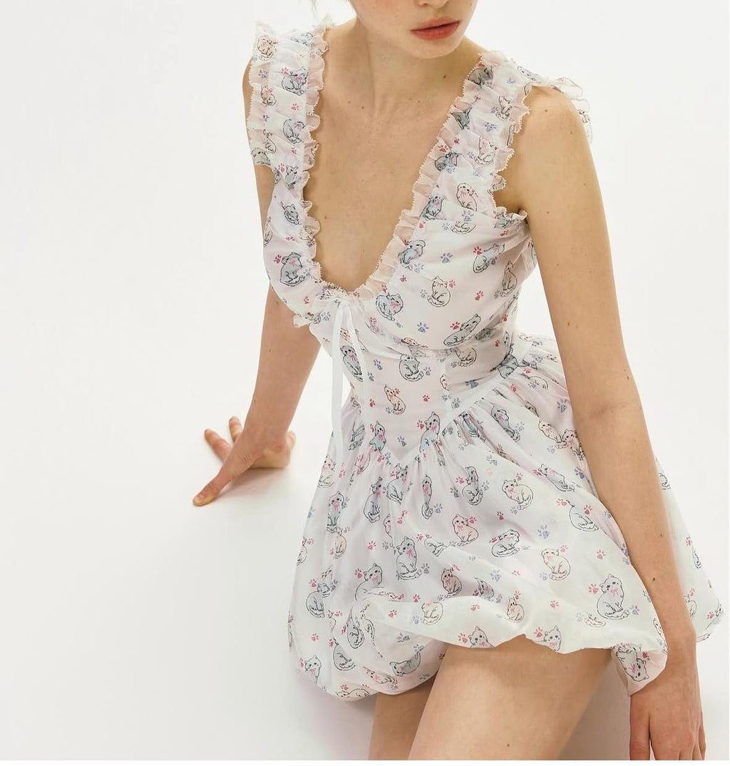 Printed V-Neck Tulle Dress