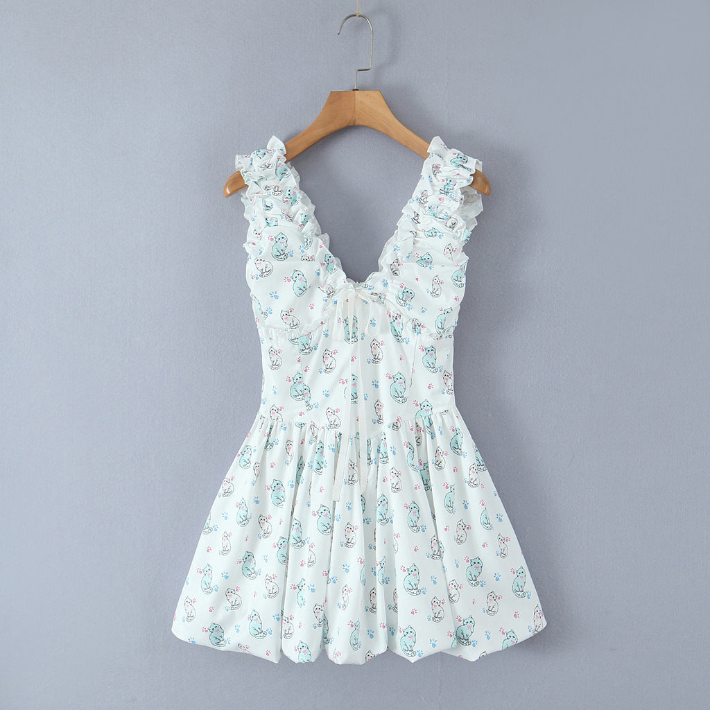Printed V-Neck Tulle Dress