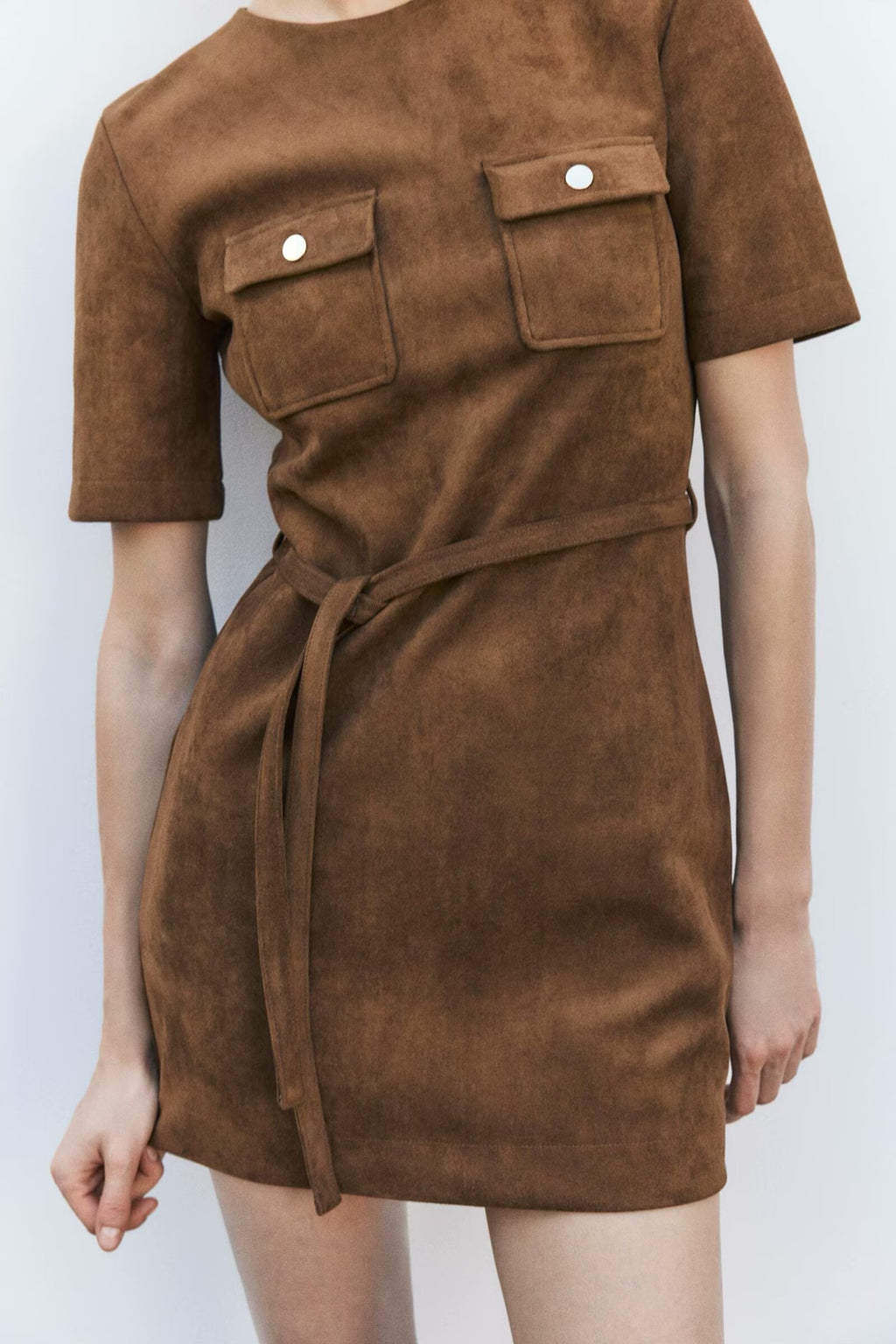 Belted Button Short-Sleeve A-Line Mini Dress