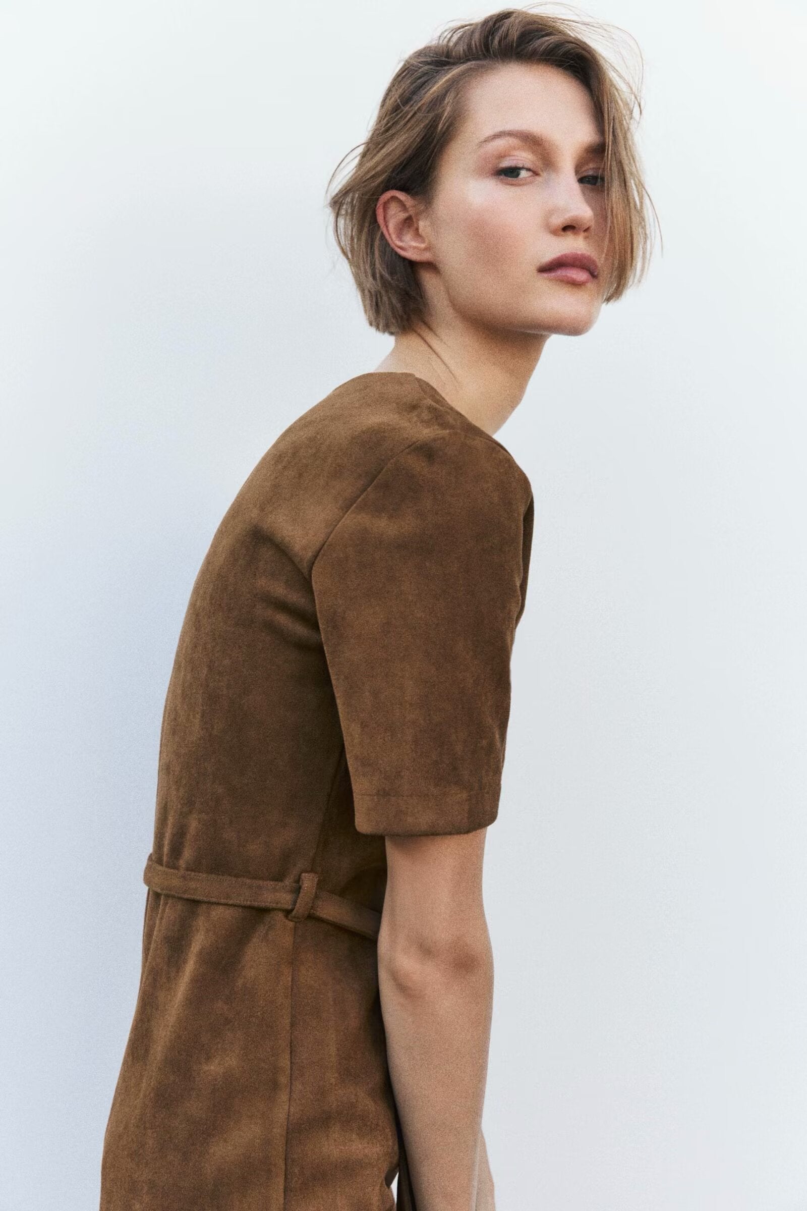 Belted Button Short-Sleeve A-Line Mini Dress