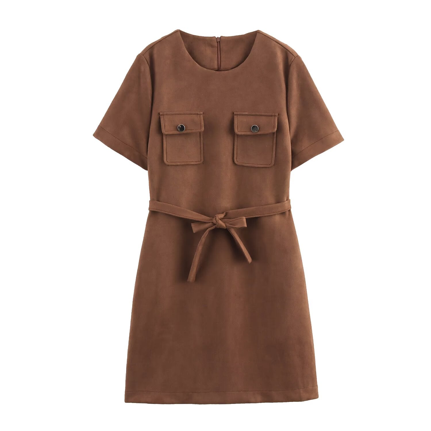 Belted Button Short-Sleeve A-Line Mini Dress