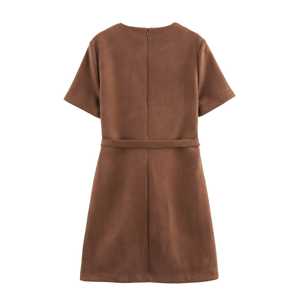 Belted Button Short-Sleeve A-Line Mini Dress
