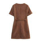 Belted Button Short-Sleeve A-Line Mini Dress