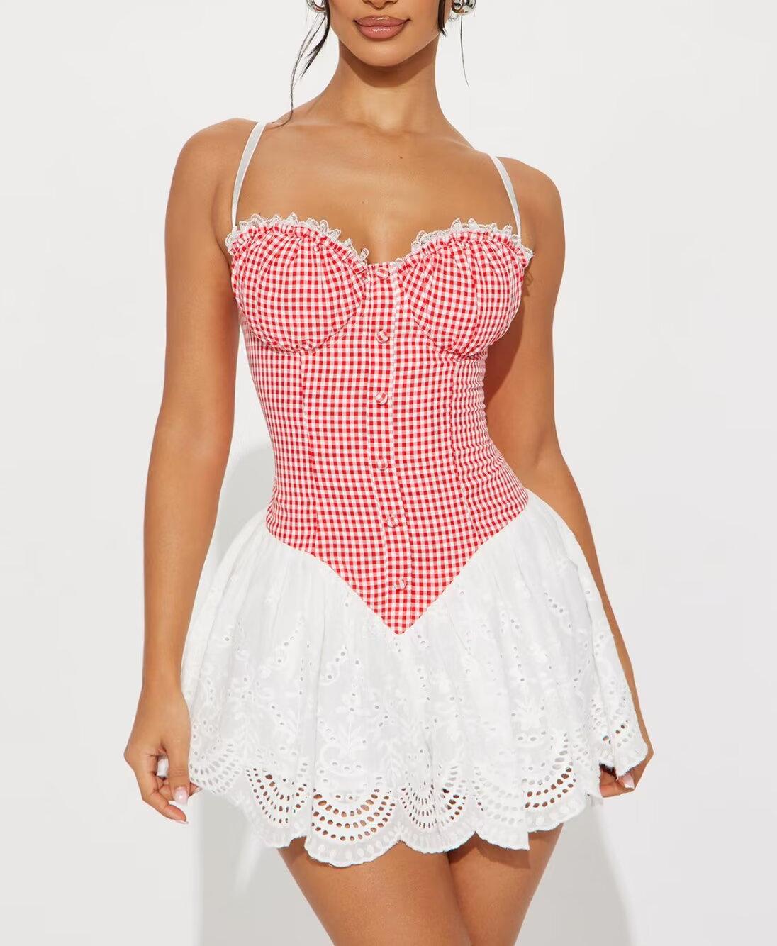 Women's Plaid Lace Backless Mini Dress
