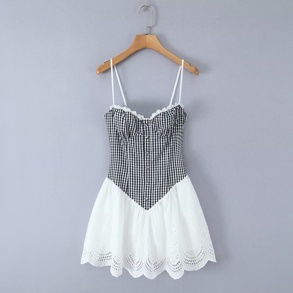 Women's Plaid Lace Backless Mini Dress