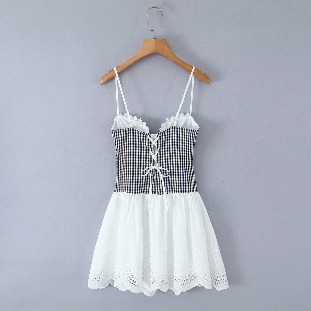 Women's Plaid Lace Backless Mini Dress