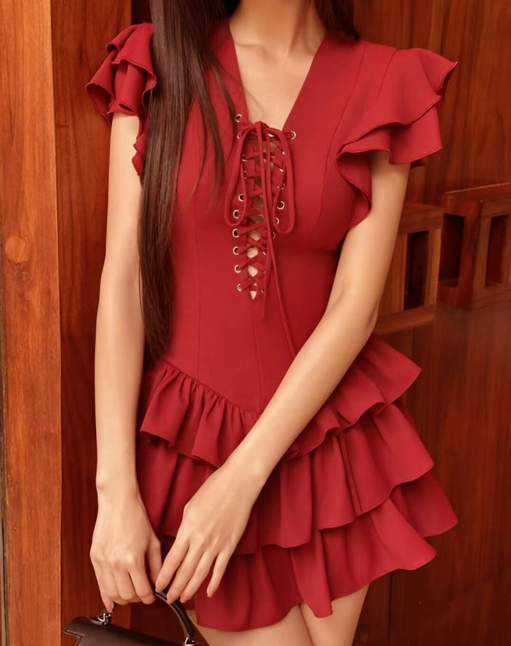 Lace-Up Patchwork Tiered Dress