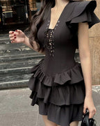 Lace-Up Patchwork Tiered Dress