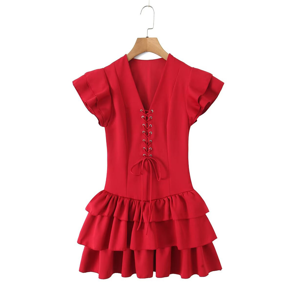 Lace-Up Patchwork Tiered Dress