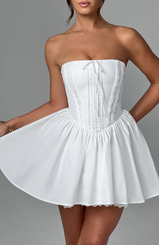 Women's White Embroidered Strapless Lace-Up Dress