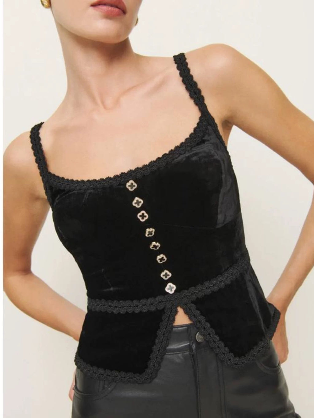 's Solid Color Retro V Neck Lace Fastener Decoration Slim Fit