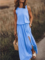 Women's Crew-Neck Pocket Split Sleeveless A-Line Maxi Dress