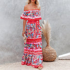 Spring Summer Off-Shoulder Printing Long Large Hem Dress