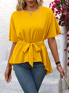 Women's Clothing Elegant Short Sleeved Shirt Lace Up Round Neck Pullover Shirt Top For Women