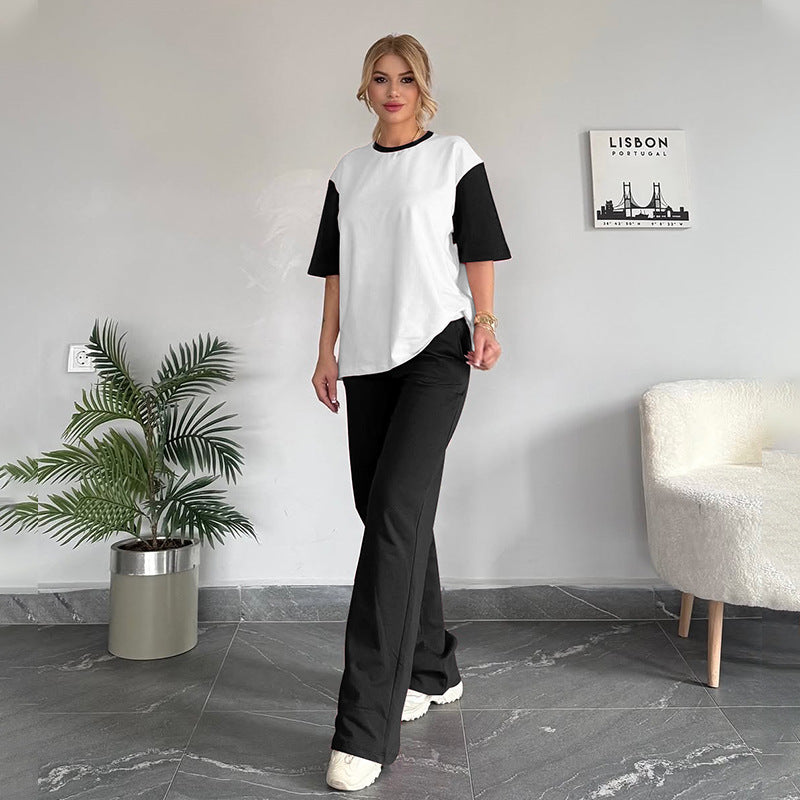 Women's Summer Contrast Color Round Neck Short Sleeved T-Shirt Women's