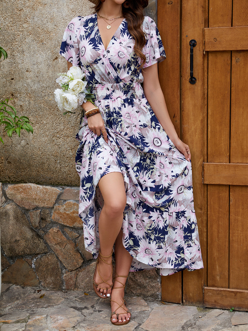 V-Neck Short-Sleeve Holiday Femininity Waist Long Dress