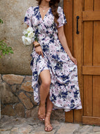 V-Neck Short-Sleeve Holiday Femininity Waist Long Dress