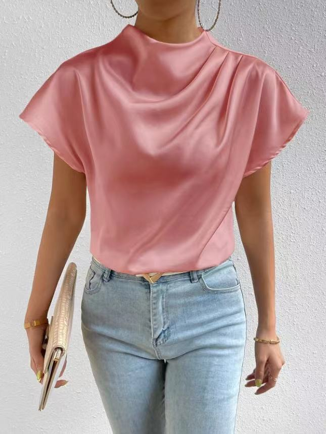 Satin Asymmetric Pleated Short Sleeve Top