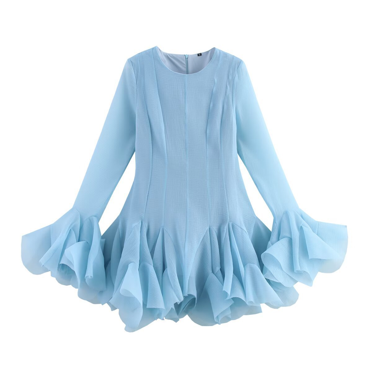 Women's Crew-Neck Ruffle 3D Lace Long-Sleeve A-Line Mini Dress