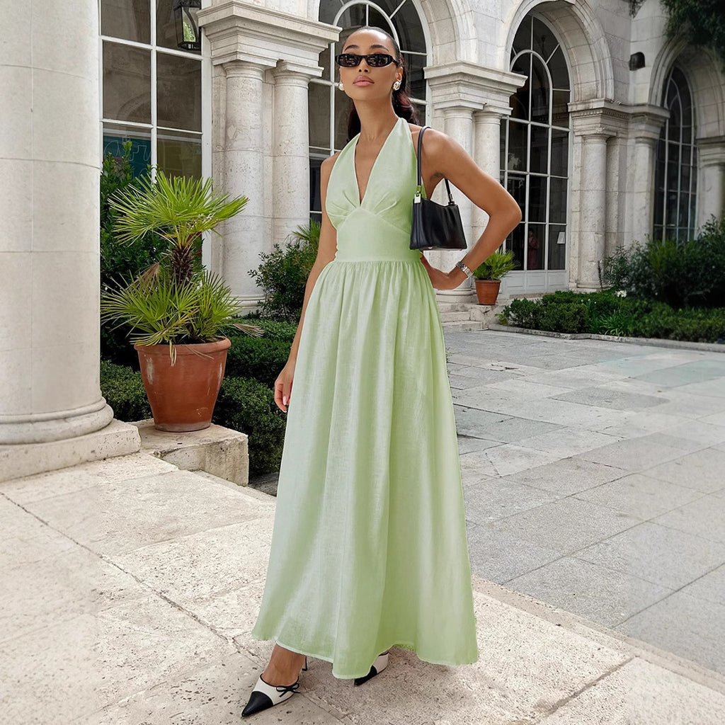 Women's Halter Backless Cotton Maxi Dress