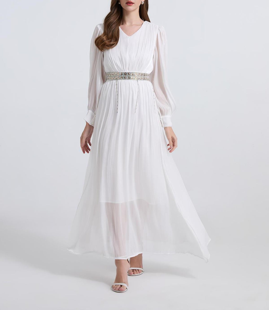 Rhinestone Belted Long-Sleeve Maxi Dress