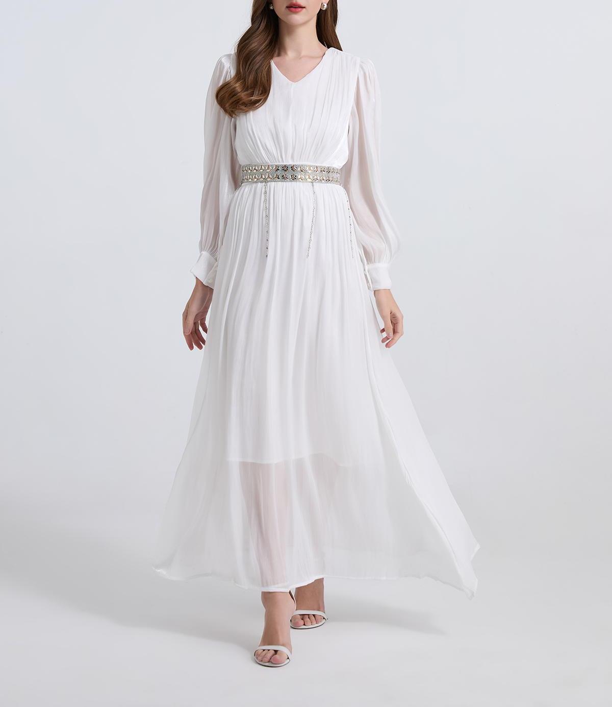 Rhinestone Belted Long-Sleeve Maxi Dress