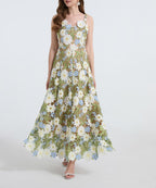 Women Summer Heavy TwoTone Water Soluble Lace Embroidery Halter Dress Sexy Cutout Swing A Line Dress