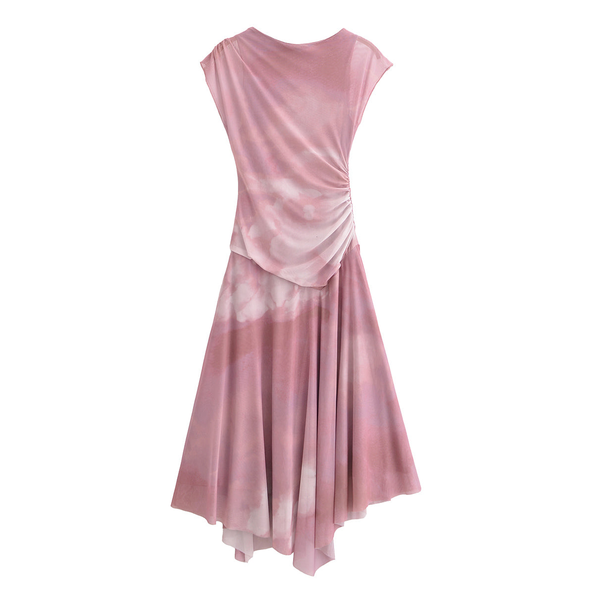 Pleated Mesh Stand-Collar Midi Dress