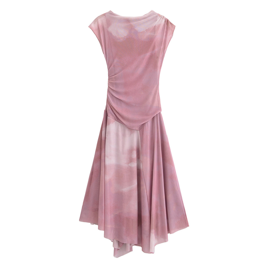 Pleated Mesh Stand-Collar Midi Dress