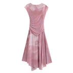 Pleated Mesh Stand-Collar Midi Dress