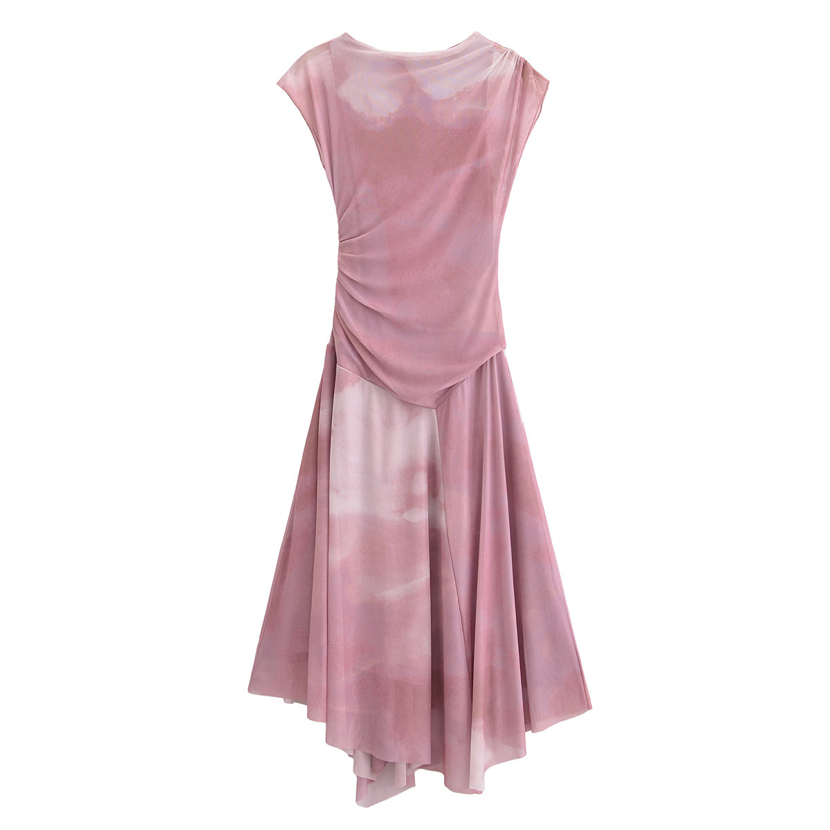 Pleated Mesh Stand-Collar Midi Dress