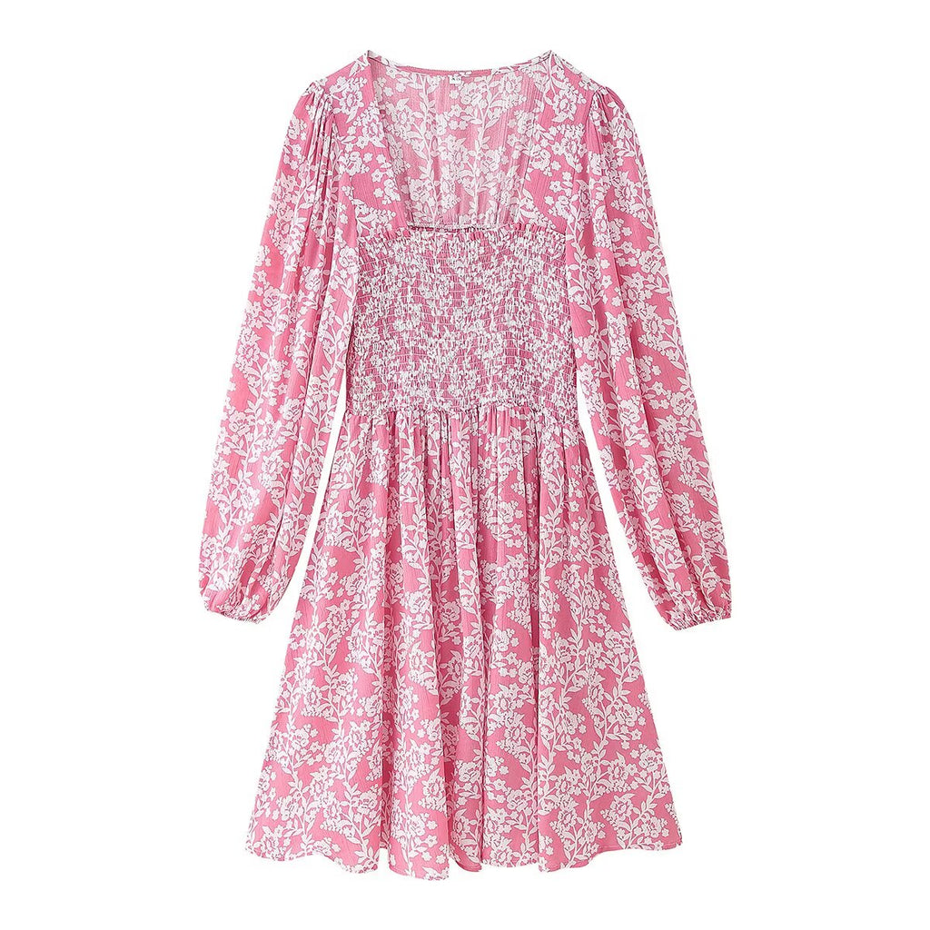 Printed Ruched Long-Sleeve A-Line Midi Dress