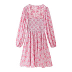 Printed Ruched Long-Sleeve A-Line Midi Dress